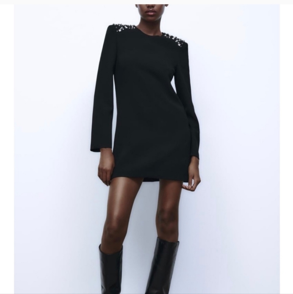Zara Black Mini Dress with Studded Shoulders